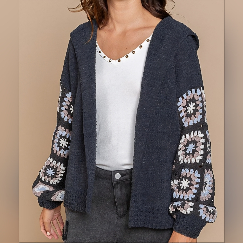 POL Granny Knit Crochet Sleeve Women's Hoodie Cardigan